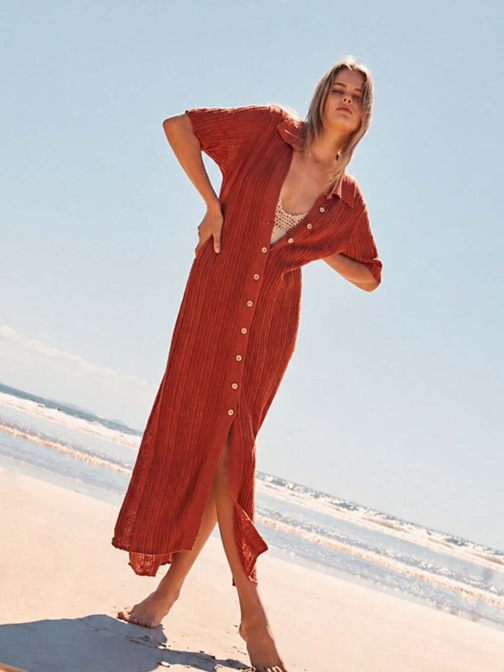 Free People Beach Sweater Maxi Dress XS NWT Brick Red Ribbed Button Front Boho